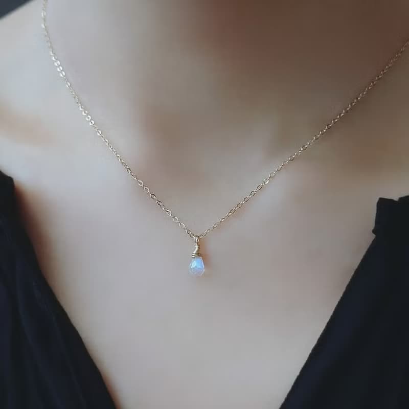 透明感迷你小圓水滴切割 月光石 14Kgf 包金項鍊 鎖骨鍊 疊搭混搭