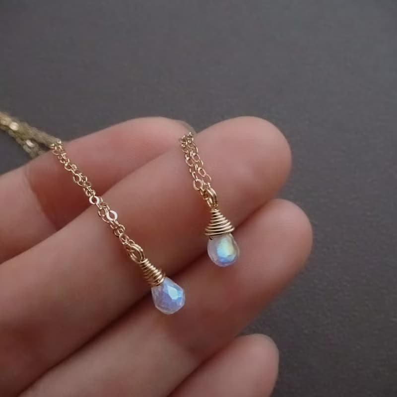 透明感迷你小圓水滴切割 月光石 14Kgf 包金項鍊 鎖骨鍊 疊搭混搭