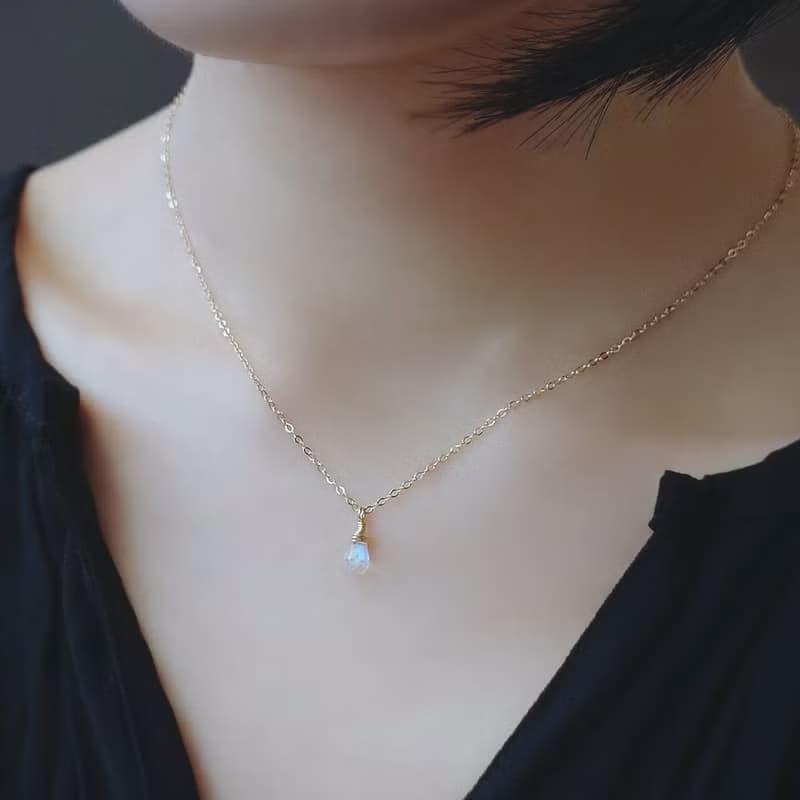 透明感迷你小圓水滴切割 月光石 14Kgf 包金項鍊 鎖骨鍊 疊搭混搭