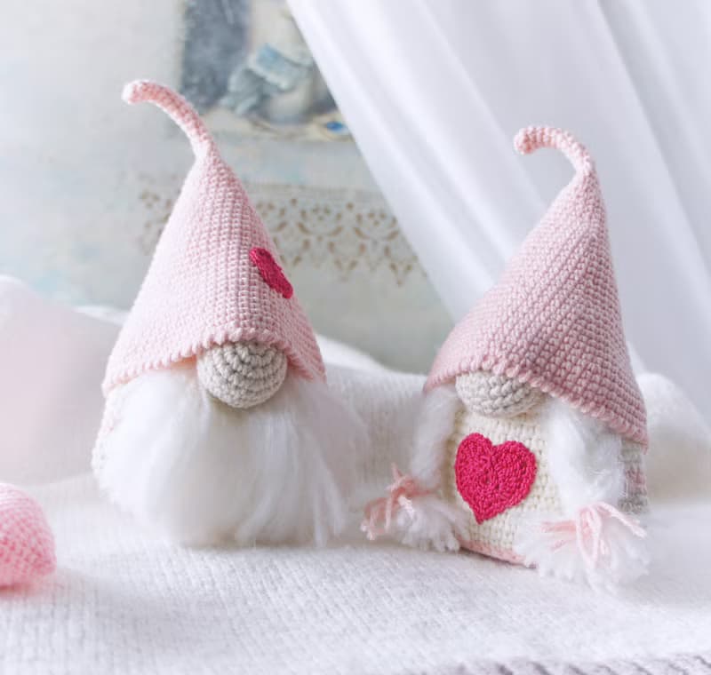 Couple Pink Valentine Gnomes, Stuffed Doll Ornament, Scandinavian Gnome