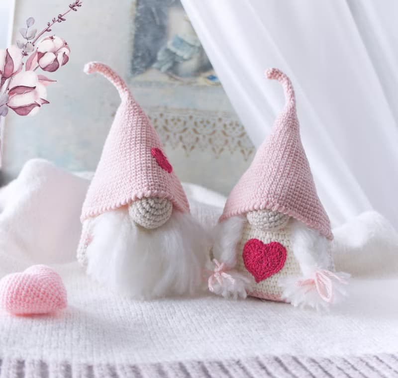 Couple Pink Valentine Gnomes, Stuffed Doll Ornament, Scandinavian Gnome