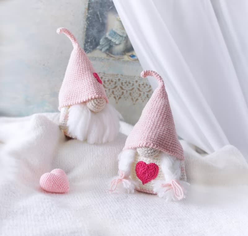 Couple Pink Valentine Gnomes, Stuffed Doll Ornament, Scandinavian Gnome