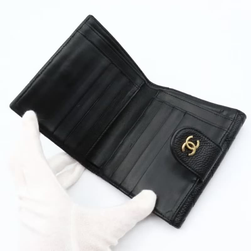 【LA LUNE】中古二手Chanel雙面魚子醬皮革黑色短夾銀錢小包手袋