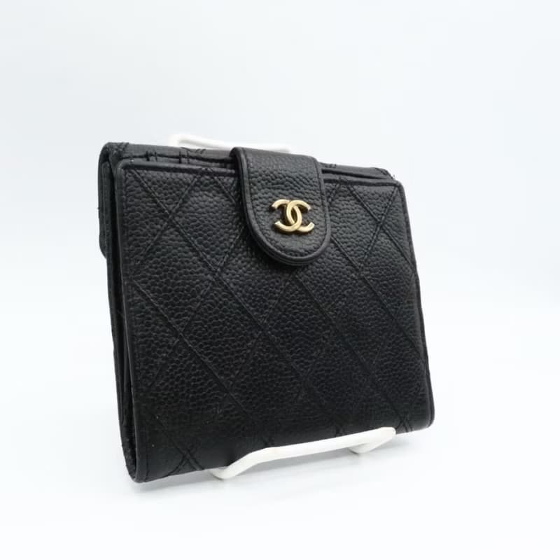 【LA LUNE】中古二手Chanel雙面魚子醬皮革黑色短夾銀錢小包手袋