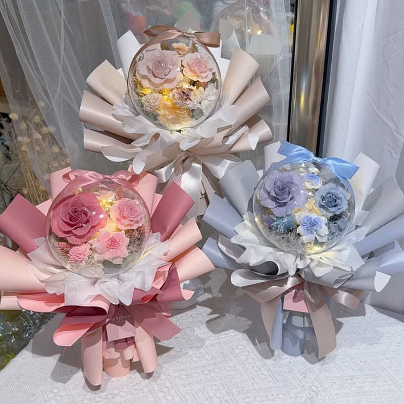 FengFlower【燈絲款壓克力波波球不凋玫瑰花束】乾燥花/永生花材