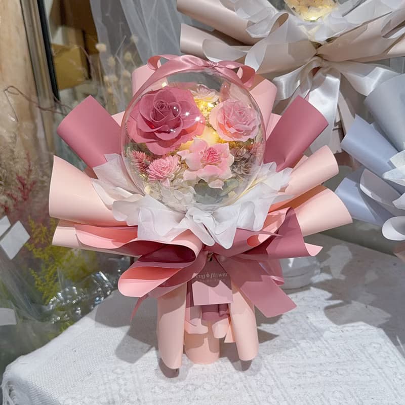 FengFlower【燈絲款壓克力波波球不凋玫瑰花束】乾燥花/永生花材