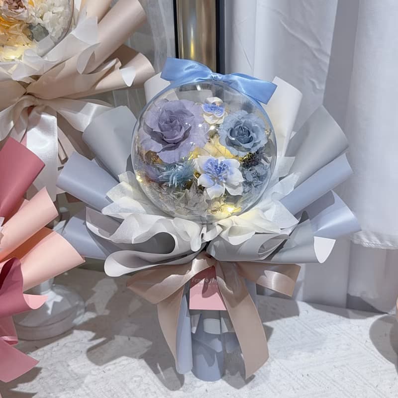 FengFlower【燈絲款壓克力波波球不凋玫瑰花束】乾燥花/永生花材