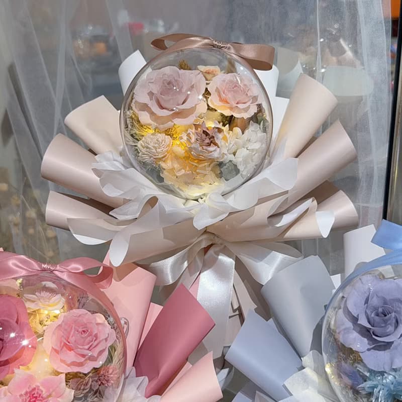 FengFlower【燈絲款壓克力波波球不凋玫瑰花束】乾燥花/永生花材