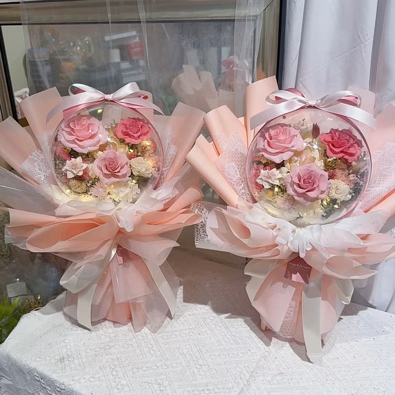 FengFlower【燈絲款壓克力波波球不凋玫瑰花束】乾燥花/永生花材