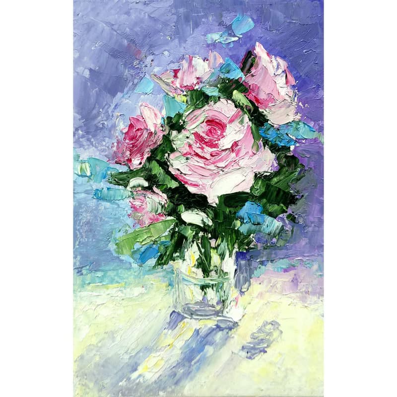 Flower Bouquet Original Art, Pink Roses Painting, Small Wall Art, Floral Artwork