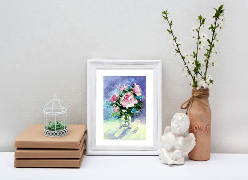 Flower Bouquet Original Art, Pink Roses Painting, Small Wall Art, Floral Artwork