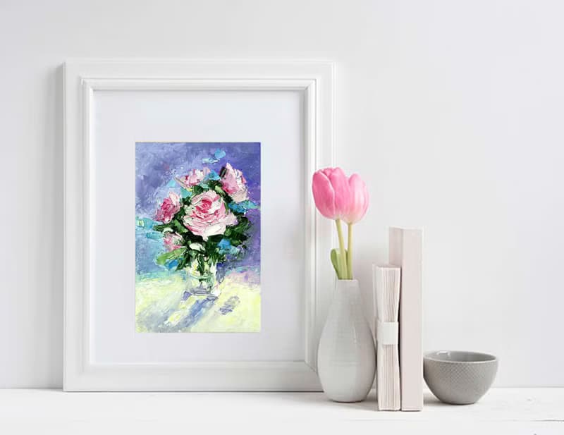 Flower Bouquet Original Art, Pink Roses Painting, Small Wall Art, Floral Artwork