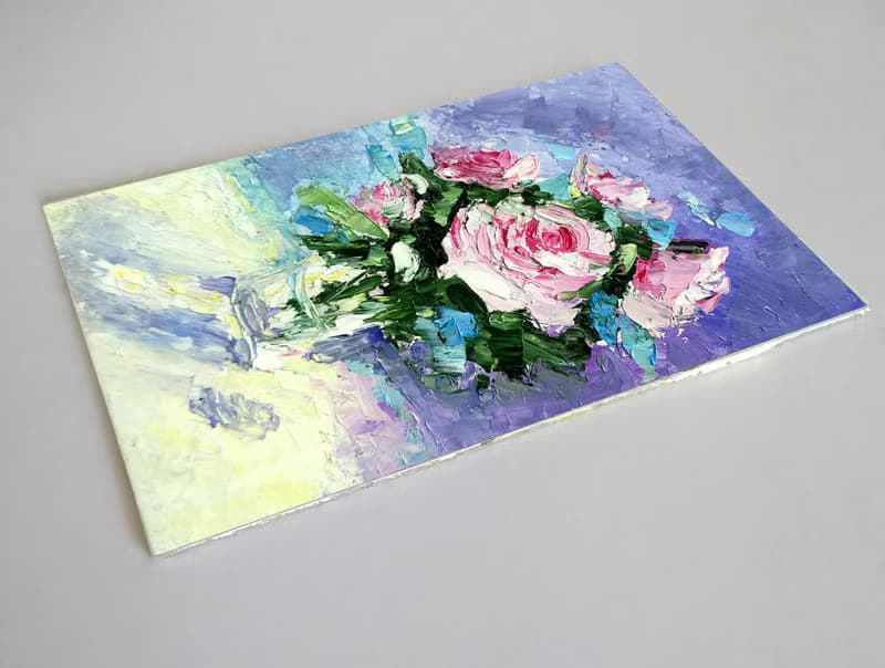 Flower Bouquet Original Art, Pink Roses Painting, Small Wall Art, Floral Artwork