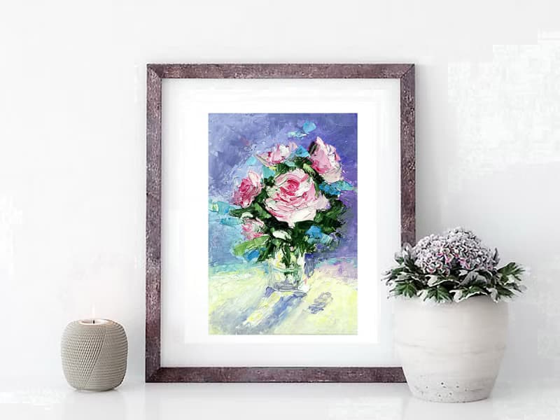 Flower Bouquet Original Art, Pink Roses Painting, Small Wall Art, Floral Artwork