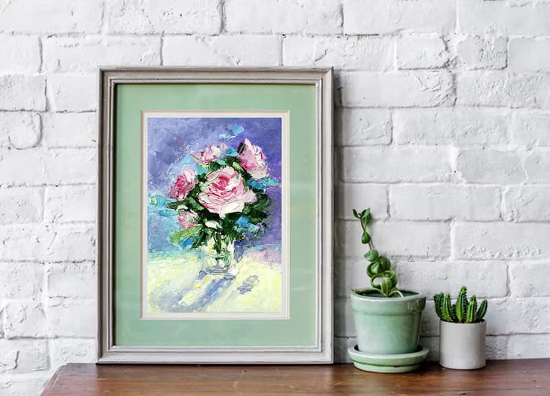 Flower Bouquet Original Art, Pink Roses Painting, Small Wall Art, Floral Artwork