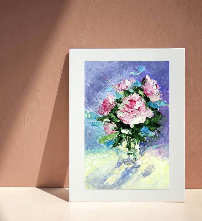 Flower Bouquet Original Art, Pink Roses Painting, Small Wall Art, Floral Artwork