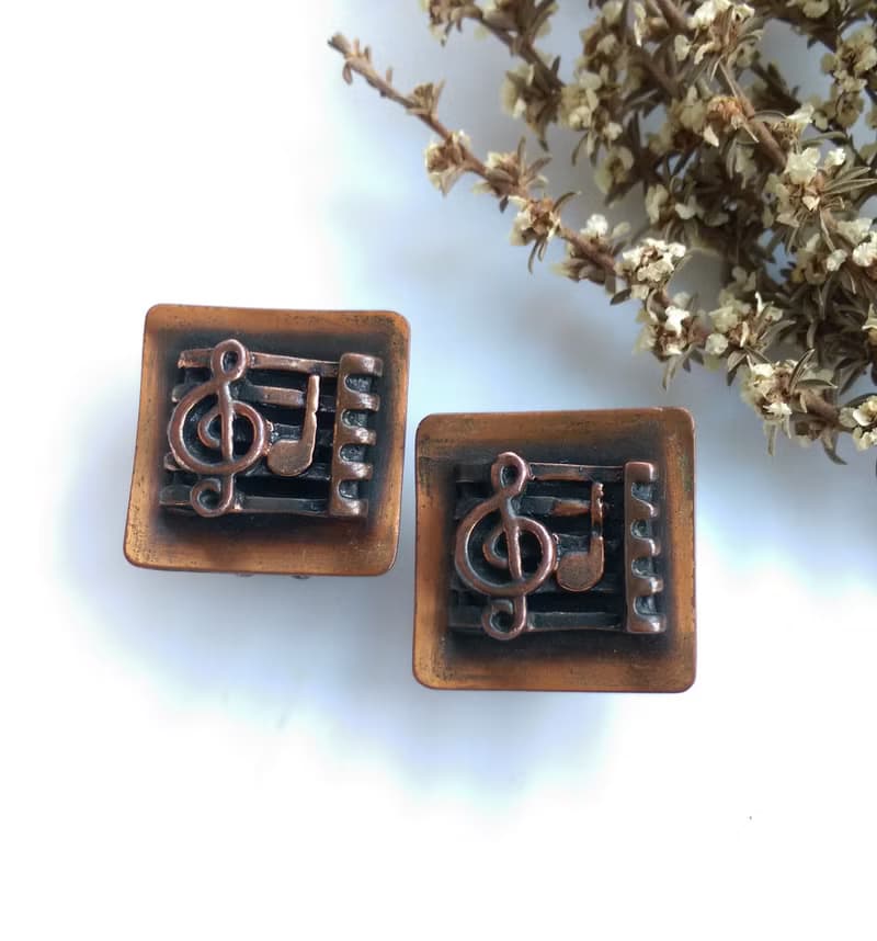 Vintage Jewelry 西洋古董飾品  Copper 音符 樂譜造型 夾式耳環