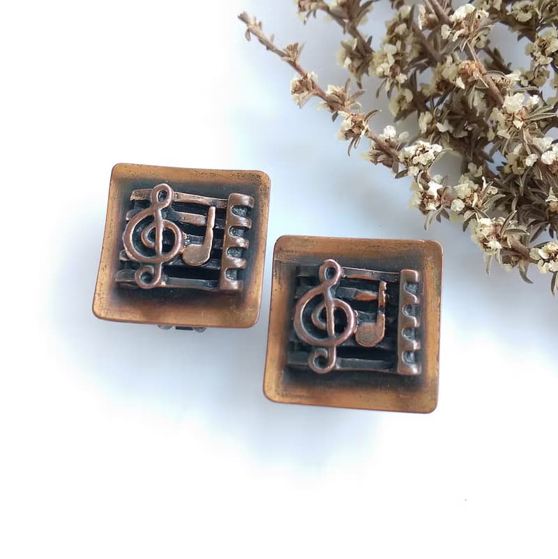 Vintage Jewelry 西洋古董飾品  Copper 音符 樂譜造型 夾式耳環