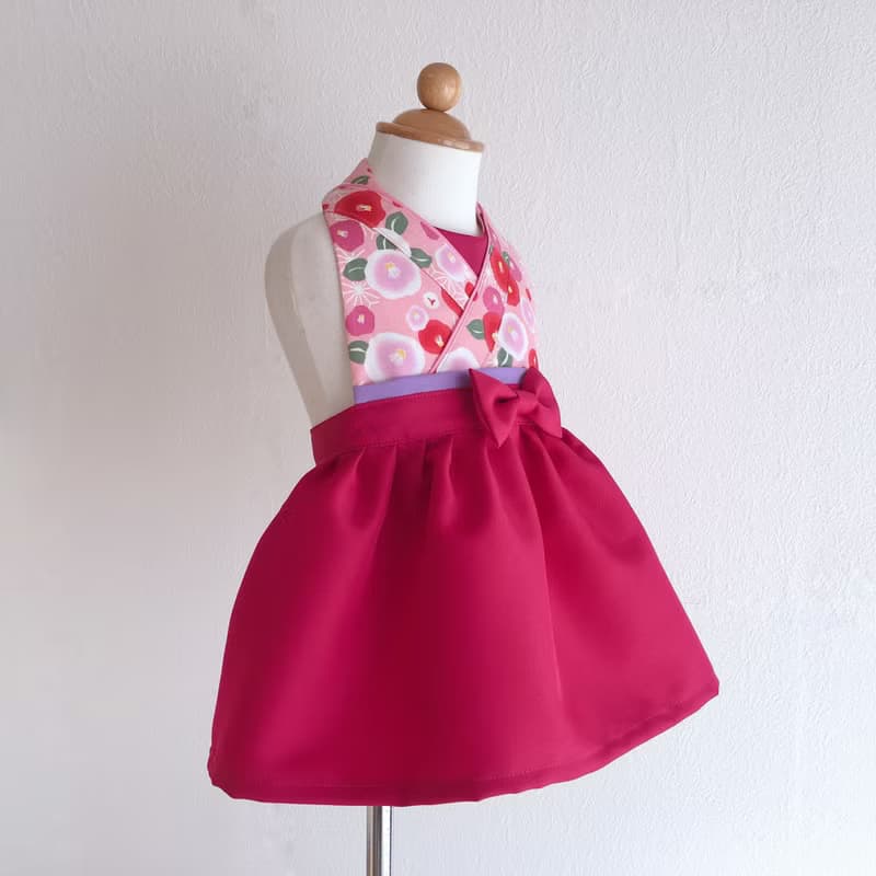 Kawaii Kimono Bib Dress(日本和服圍兜) - 椿 Pink - Wine