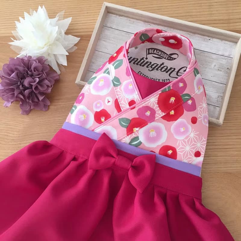 Kawaii Kimono Bib Dress(日本和服圍兜) - 椿 Pink - Wine
