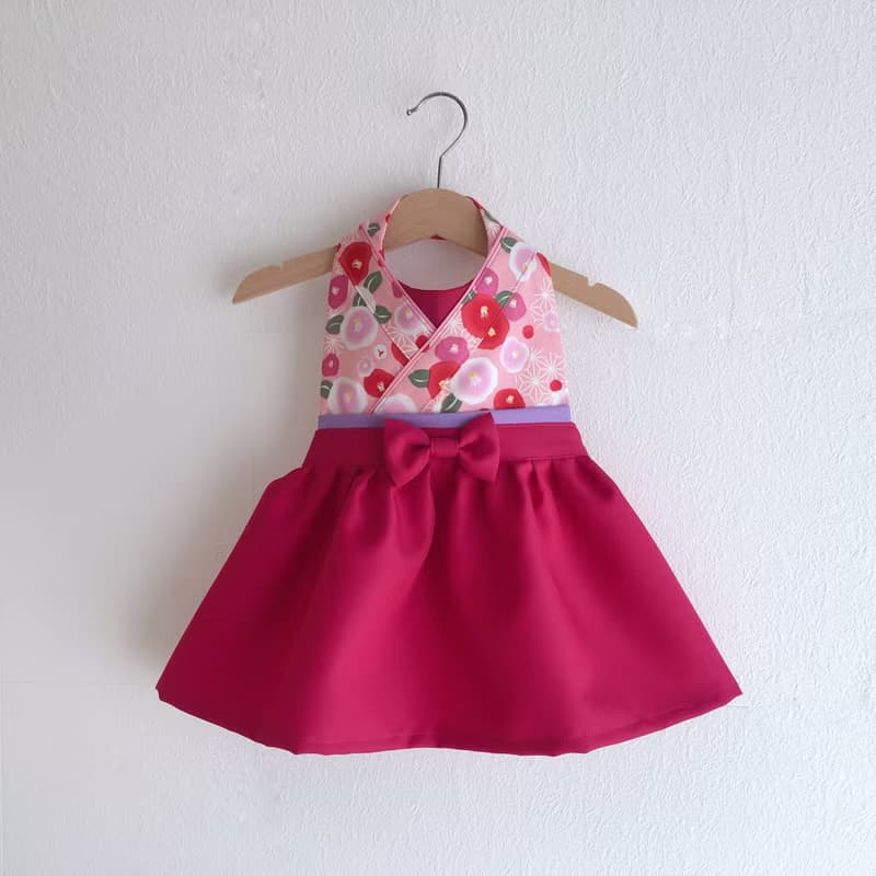 Kawaii Kimono Bib Dress(日本和服圍兜) - 椿 Pink - Wine