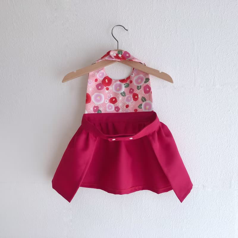 Kawaii Kimono Bib Dress(日本和服圍兜) - 椿 Pink - Wine