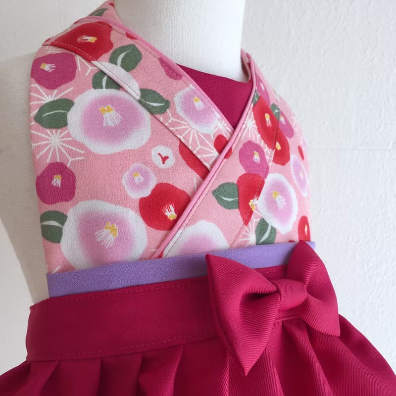 Kawaii Kimono Bib Dress(日本和服圍兜) - 椿 Pink - Wine