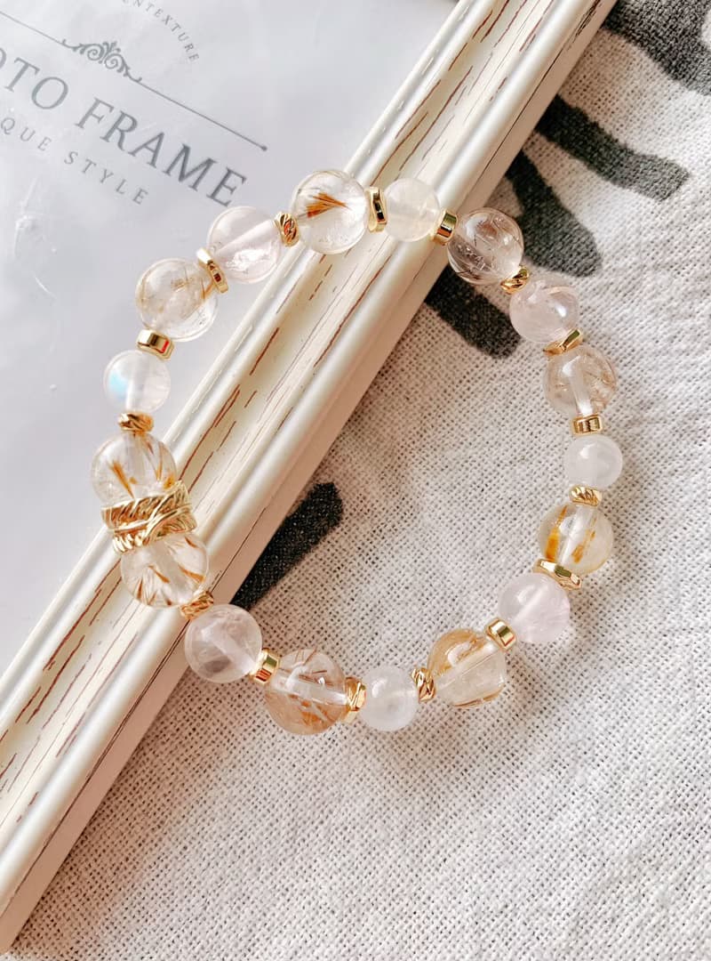 羽毛紫鈦晶/藍暈白月光石/冰種粉水晶 手作設計款能量水晶手鍊