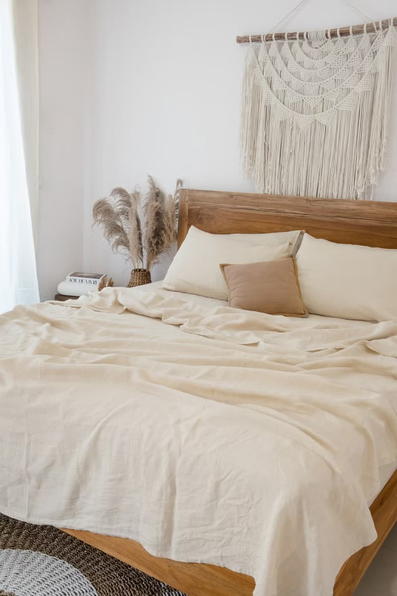 Beige linen fitted sheet / Softened linen bed sheet / Deep pocket