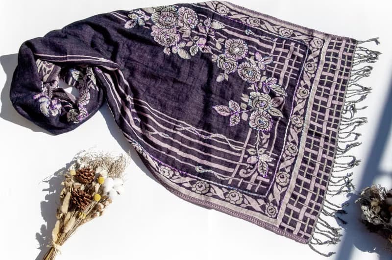 喀什米爾Cashmere/水煮羊毛披肩/針織圍巾/刺繡圍巾/羊絨披巾-花