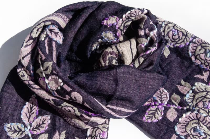 喀什米爾Cashmere/水煮羊毛披肩/針織圍巾/刺繡圍巾/羊絨披巾-花