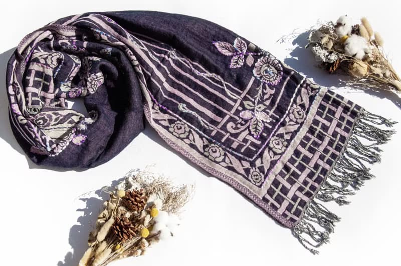 喀什米爾Cashmere/水煮羊毛披肩/針織圍巾/刺繡圍巾/羊絨披巾-花