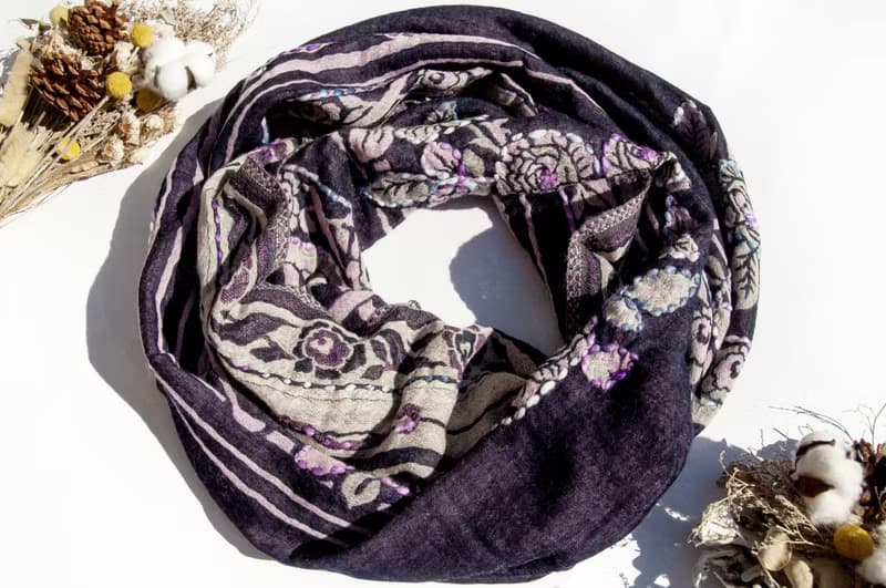 喀什米爾Cashmere/水煮羊毛披肩/針織圍巾/刺繡圍巾/羊絨披巾-花