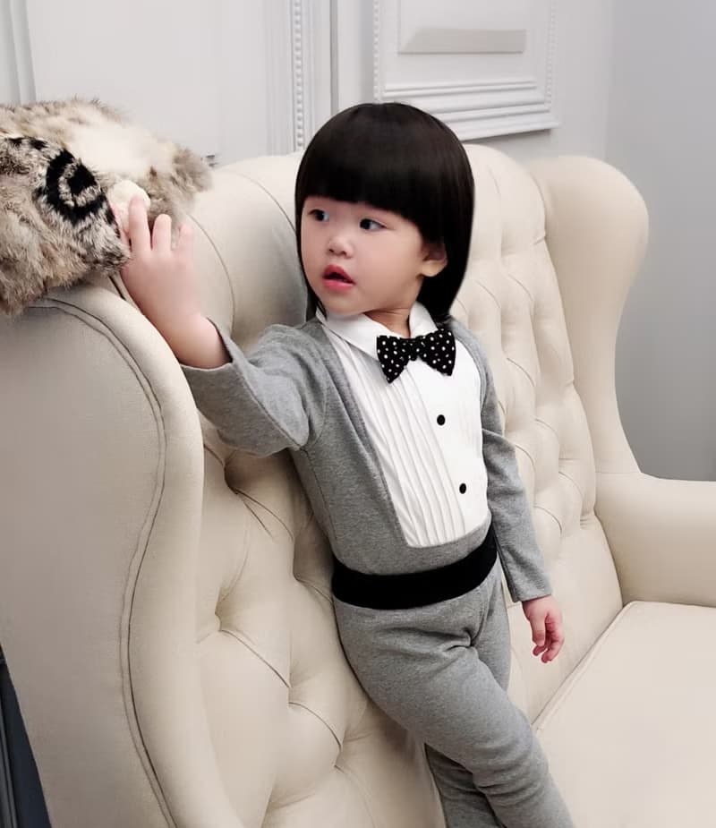 英倫皇家領結小紳士 灰色 長袖 襯衫式假兩件 寶寶 嬰兒 包屁衣