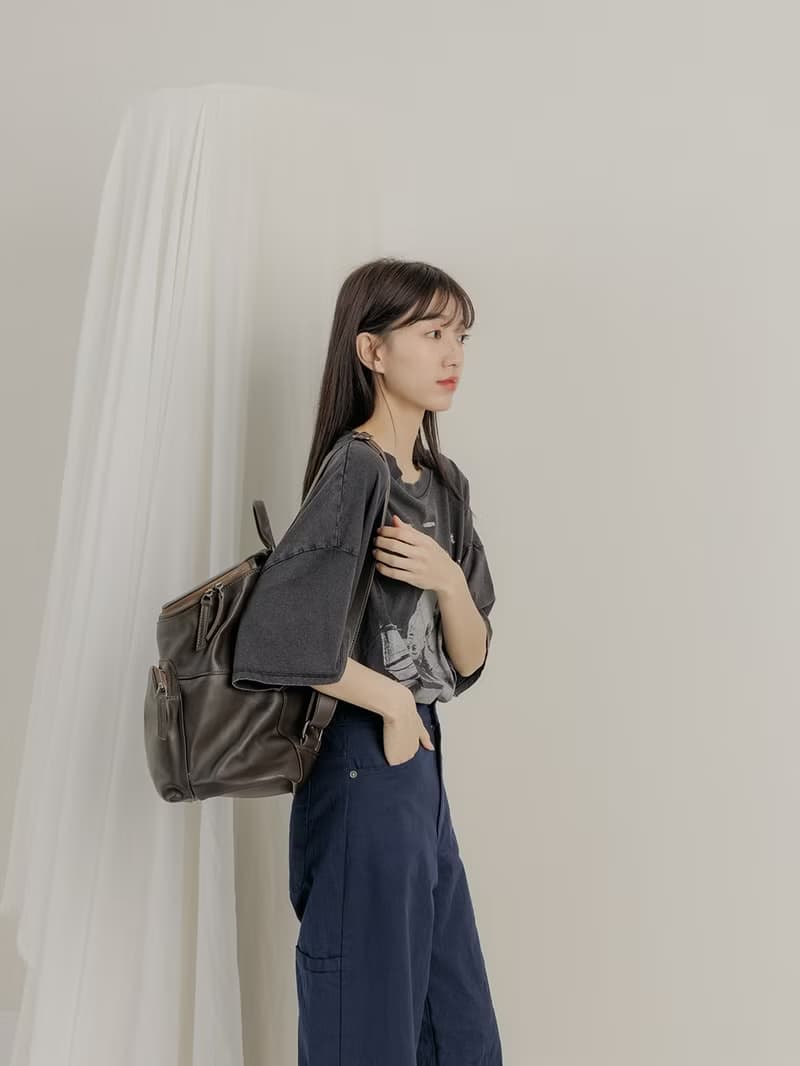 supportingrole 真皮簡約休閒都會後背包  橄欖咖啡