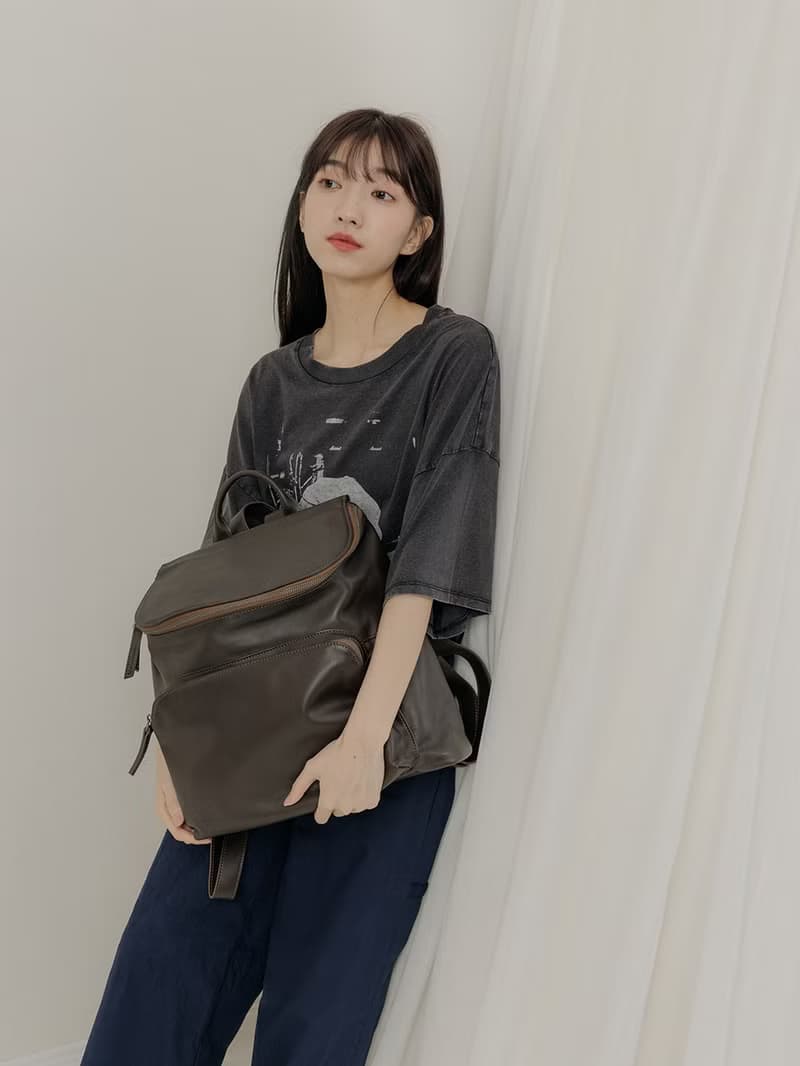supportingrole 真皮簡約休閒都會後背包  橄欖咖啡
