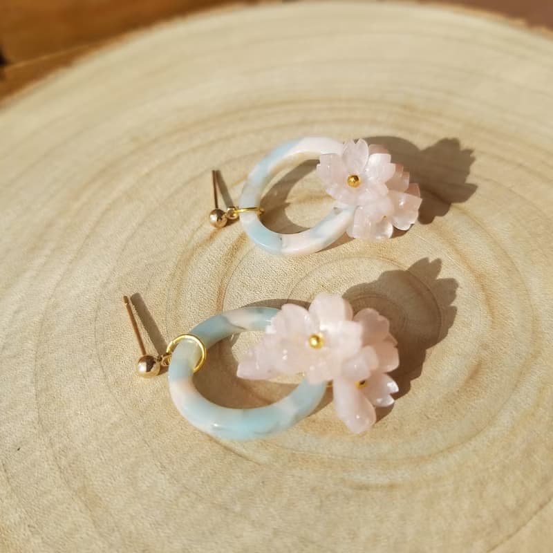 春天小花環 櫻花 花束 耳環耳針耳夾 鍍金 生日禮物