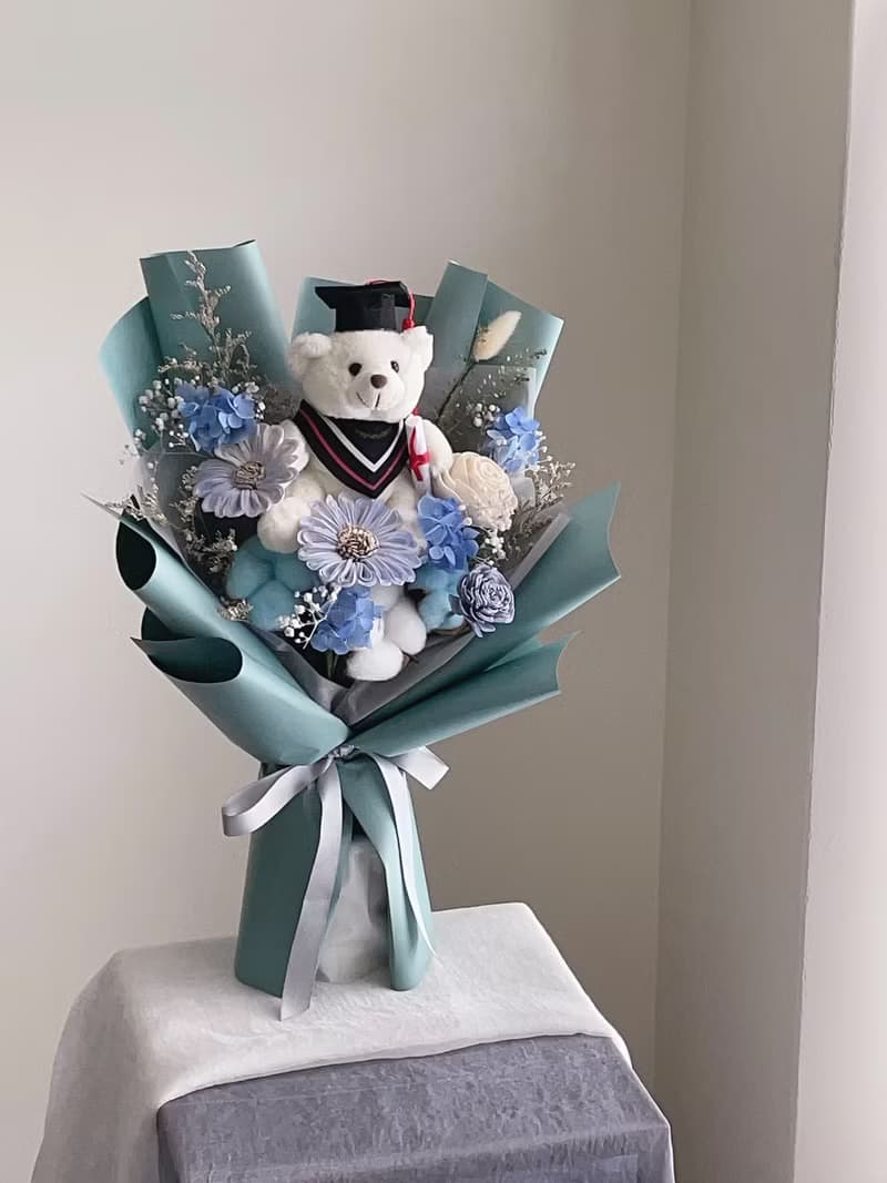 【不凋花乾燥花】藍綠色畢業小熊花束