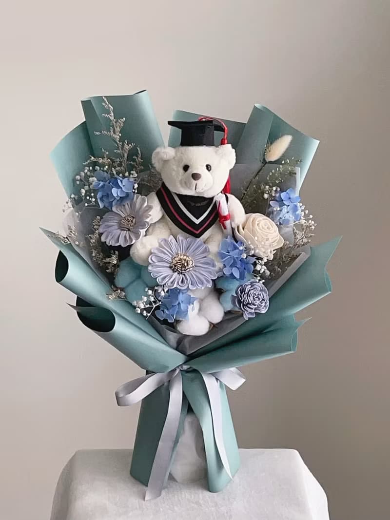【不凋花乾燥花】藍綠色畢業小熊花束