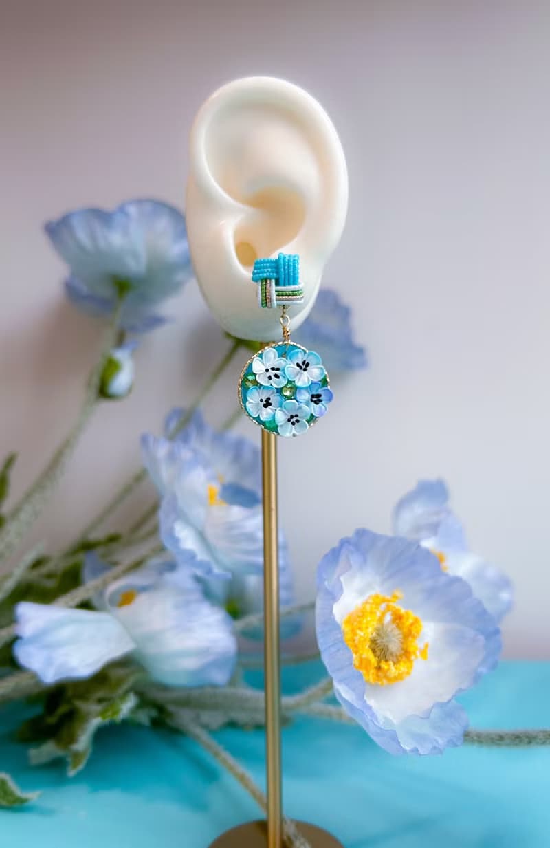 琉璃唐草(粉蝶花) 圓形花田 水引結 耳環