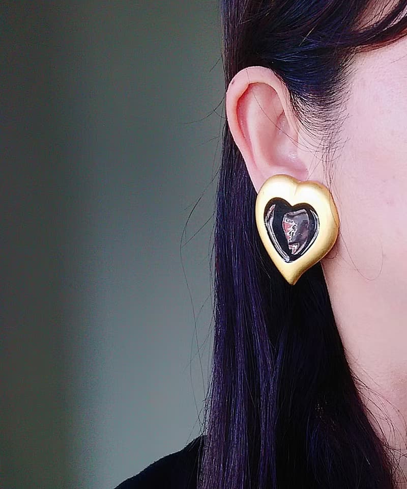 Vintage Jewelry 西洋古董飾品 啞光 黑心 愛心 大耳環 夾式耳環