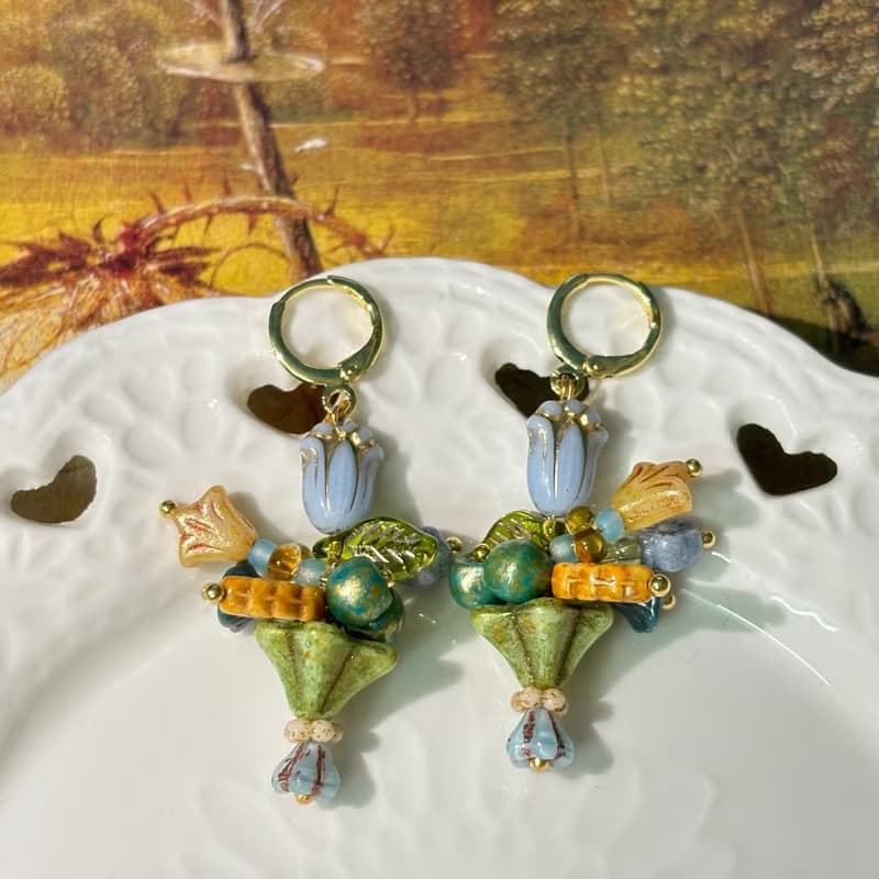 每日花束 串珠花朵耳飾 手作花束耳飾 捷克珠吊墜耳環
