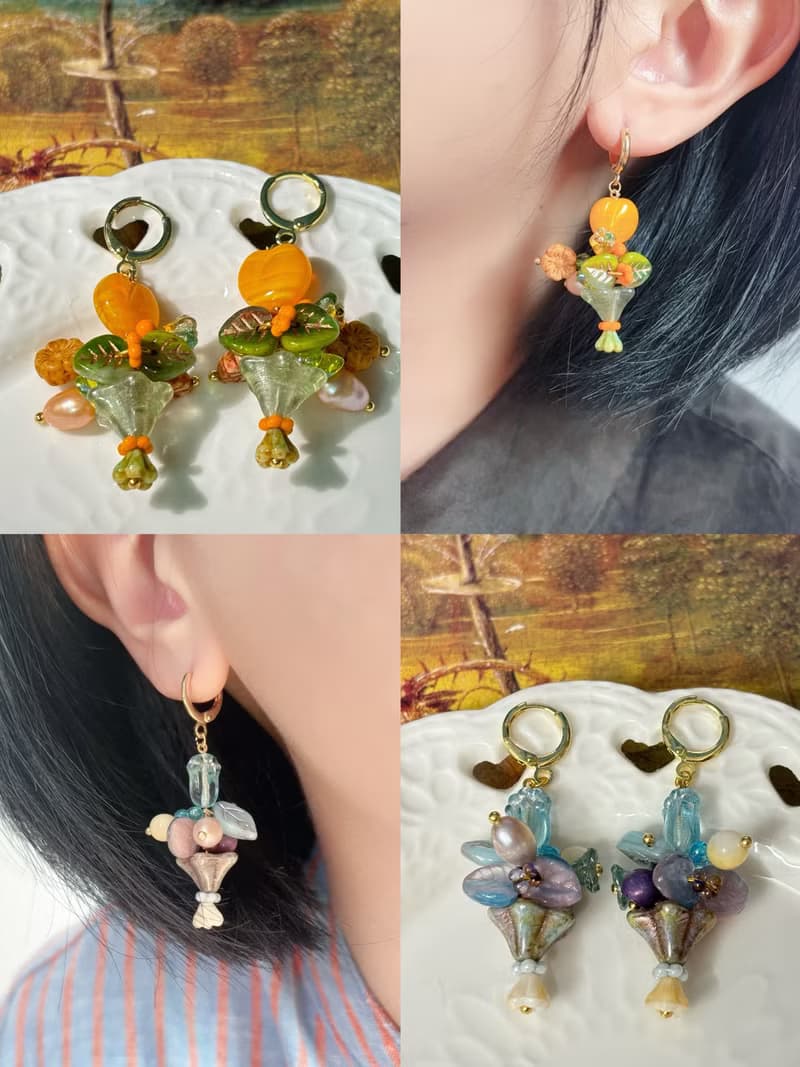 每日花束 串珠花朵耳飾 手作花束耳飾 捷克珠吊墜耳環
