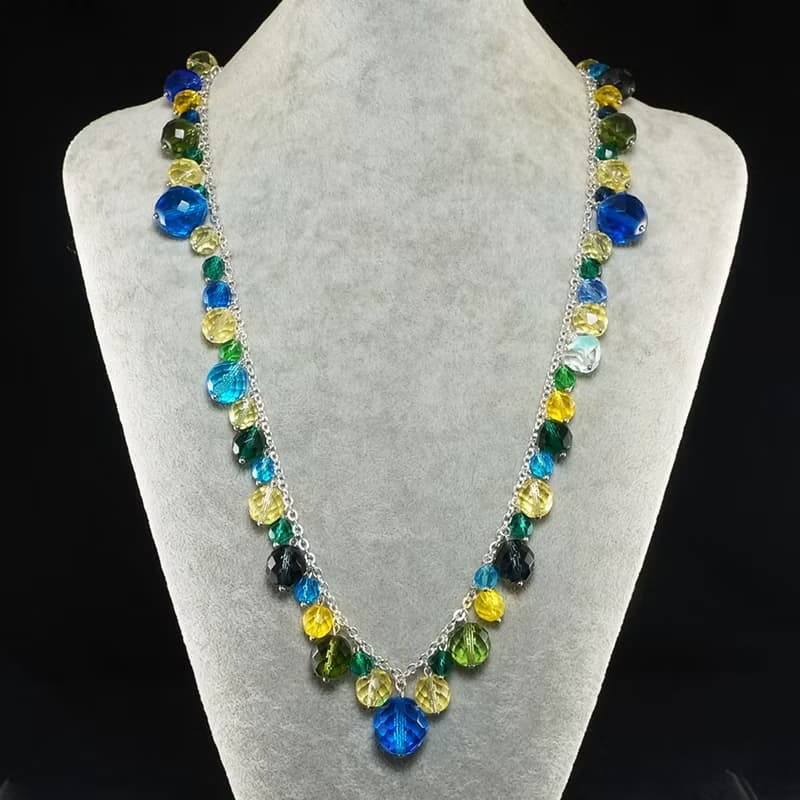 Long Glass Necklace Blue Teal Yellow Czech Glass Large Beaded Necklace Jewelry
