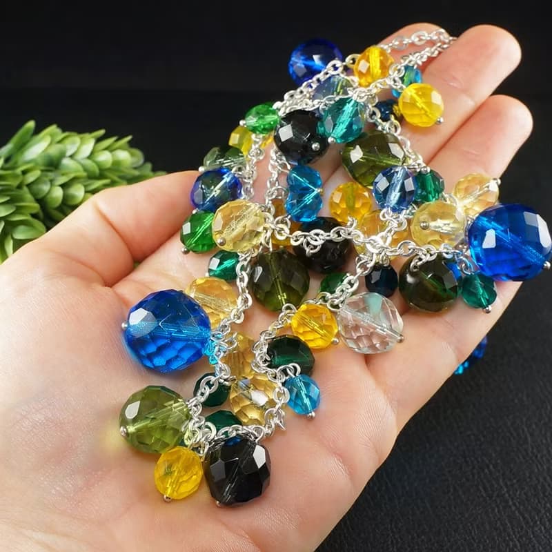 Long Glass Necklace Blue Teal Yellow Czech Glass Large Beaded Necklace Jewelry