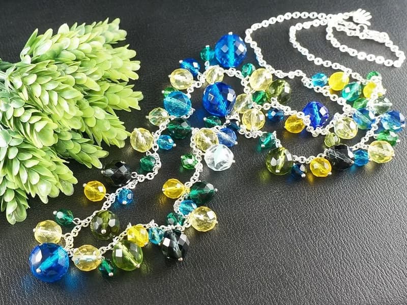 Long Glass Necklace Blue Teal Yellow Czech Glass Large Beaded Necklace Jewelry