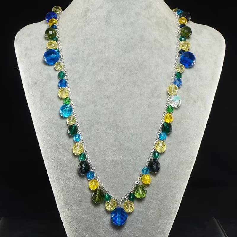 Long Glass Necklace Blue Teal Yellow Czech Glass Large Beaded Necklace Jewelry