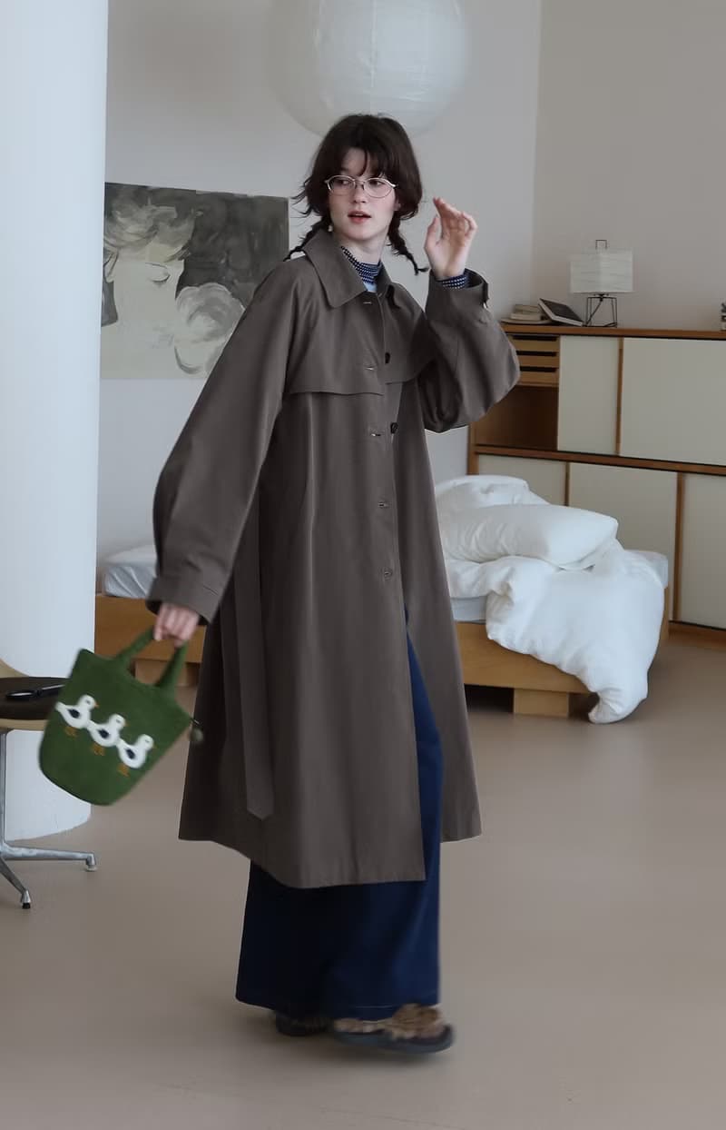 栗棕色的秋 中長款立領風衣外套