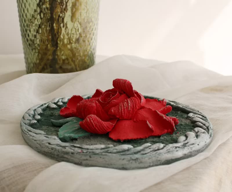 Red rose original sculpture painting, textured wall art, palette knife painting