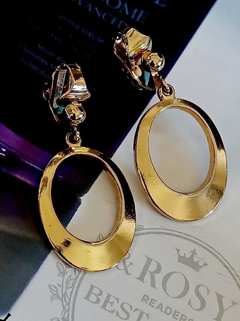 vintage jewelry  金色環形垂墜 夾式耳環
